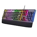 Wired Gaming Keyboard,RGB Light Up Keyboard with Wrist Rest,104Keys All Metal Panel Rainbow Backlit for Gaming,Silent Computer with Multimedia