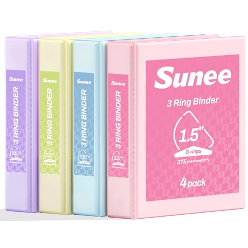 SUNEE 3 Ring Binder 1.5 Inch D Ring, Clear View Binder Three Ring PVC-Free (Fit 8.5x11 Inches) for School or Office Supplies, Assorted Pastel, 4 Pack