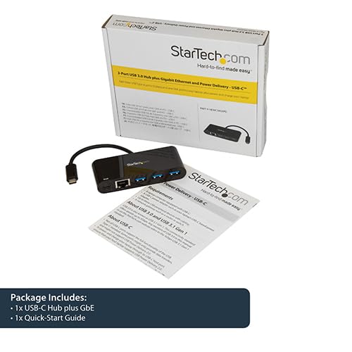 StarTech.com USB C to Ethernet Adapter - 3 Port - with Power Delivery (USB PD) - Power Pass Through Charging - USB C Adapter (US1GC303APD) Black