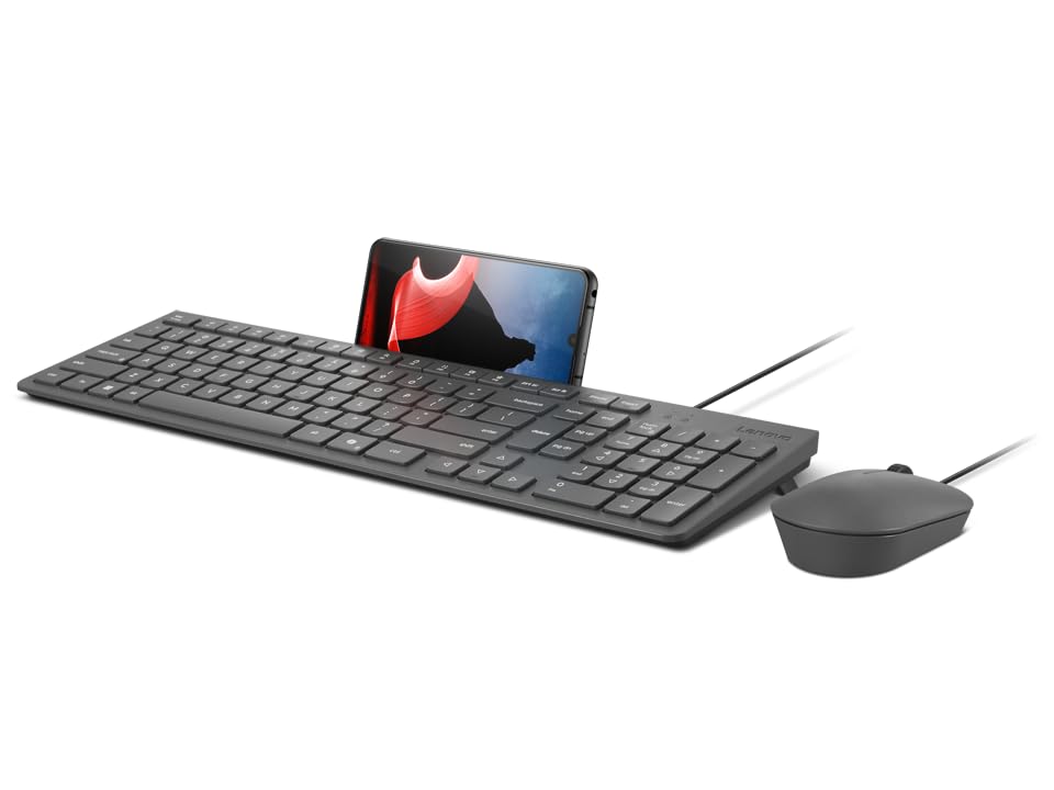 Lenovo 310 USB-A Wired Keyboard Mouse Combo, Quiet Keys, Ultra-Slim Gaming Design, Spill-Resistant, Integrated Phone Stand, Compatible w Laptop, PC