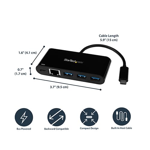 StarTech.com USB C to Ethernet Adapter - 3 Port - with Power Delivery (USB PD) - Power Pass Through Charging - USB C Adapter (US1GC303APD) Black