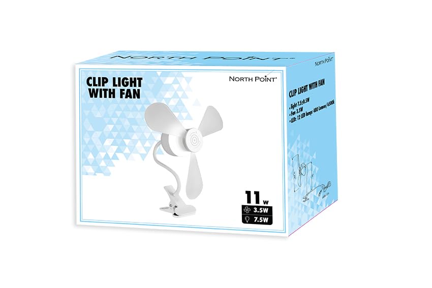 North Point Clip-On Fan with LED Light, Flexible Neck, Desk Clamp, White