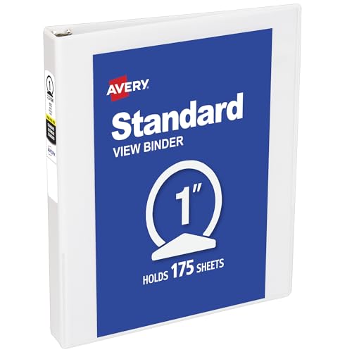 Avery Standard View 3 Ring Binder, 1" Round Rings, 175-Sheet Capacity, 1.4 Inch Wide Spine, 1 White Binder, Ideal for Lightweight Organization