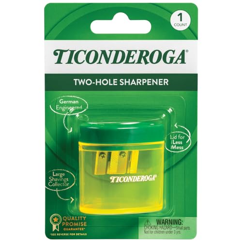 Ticonderoga Two-Hole Manual Pencil Sharpener for Standard and Beginner Pencils, Yellow/Green, 2" x 2" x 1.25", German-Engineered, 1 Count