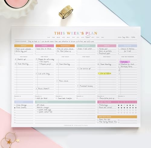 ThreeKin Weekly Planner - Premium 52-Sheet Tear-Off Notepad, 8.5 x 11 inches, Clean Colorful Design, Perfect for Work, School, Projects,