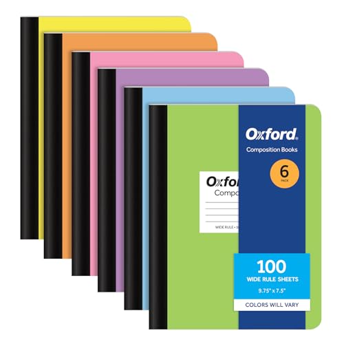 Oxford Composition Notebooks, 6 Pack, Cover Colors Vary, Wide Ruled Paper, 9-3/4 x 7-1/2 Inch School Journals, Assorted Pastel Covers, 100 Sheets, per
