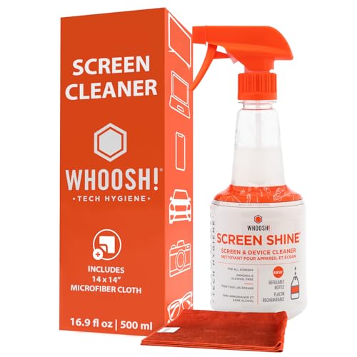 WHOOSH! Screen Shine Pro 16.9 fl oz Refillable Screen Cleaner for TV, OLED, and Monitors - Streak-Free Spray with Microfiber Cloth - Safe for Flat