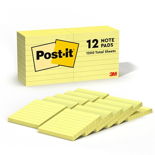 Post-it Notes, 3 x 3 in, The Iconic Canary Yellow Note, 12 Lined Pads