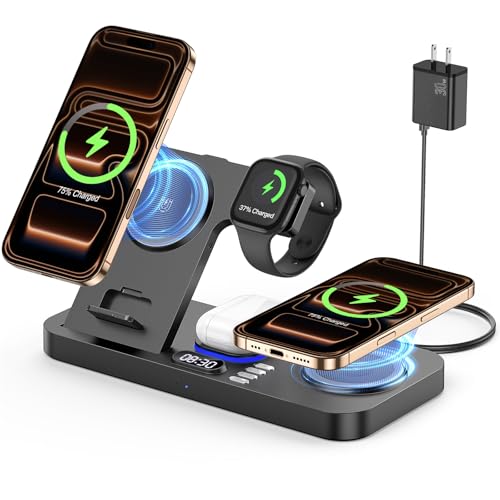 YiJYi Dual Phone Wireless Charging Station for Apple Devices, 30W Wireless Charger with Auto-Switch 7-Color Light & Clock,Dual iPhone for iPhone 17