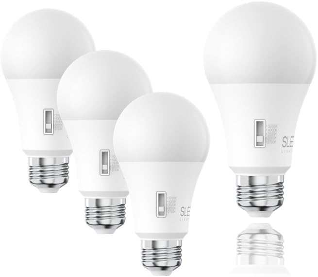 SLEEKLIGHTING A19 100W Equivalent 15 Watt LED Bulb, 5 CCT (2700K, 3000K, 3500K, 4000K, 5000K) 1600 Lumens, Dimmable, Energy Star, E26 Base - (4 Pack)