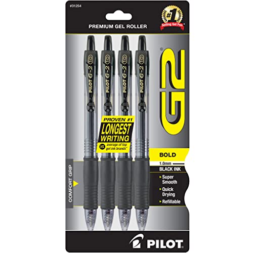 Pilot G2 Premium Refillable & Retractable Rolling Ball Gel Pens, Bold Point, Bold Gel Pens, 1.0 mm, Black Ink, 4-Pack