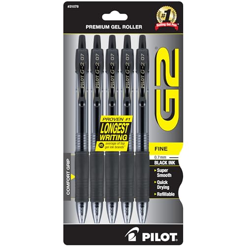 Pilot G2 Pens, Premium Refillable and Retractable Rolling Ball Gel Pens, Fine Point, 0.7mm, Black Ink, 5-Pack