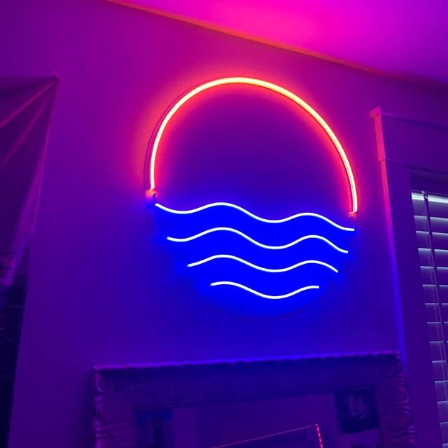 Sunset&Sea Blue LED Neon Signs Sunrise Neon Lights For Bedroom Decoration Cool Wall Decor For Living Room Boy's Room USB Powered(12 * 12")