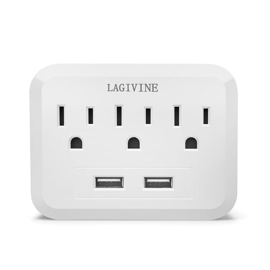 USB Wall Power Strip, 3 Outlet Extender with 2 USB Ports Outlet Adapter, Multi Plug Outlet Splitter for Travel, Home Office Accessories (White)
