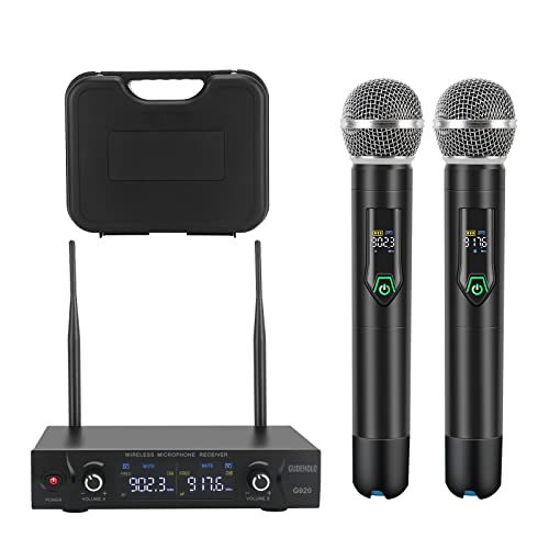 GUDEHOLO Wireless Microphone System with case, Metal UHF Dual Handheld 20 Channels Professional Cordless Mic System for Church, DJ, Karaoke,Wedding