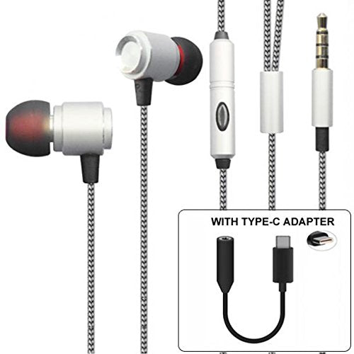 Hi-Fi Sound Hands-Free Headset with Mic Earphones Type-C Audio Adapter Headphones Converter Metal Sleek Earbuds Silver for Verizon Motorola Moto Z…