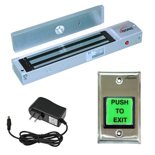 Visionis FPC-7316 VIS-ML600LED Indoor Electromagnetic Lock 600lbs for Out Swinging Door with VIS-7000 Green LED Push to Exit Button NC, COM, NO