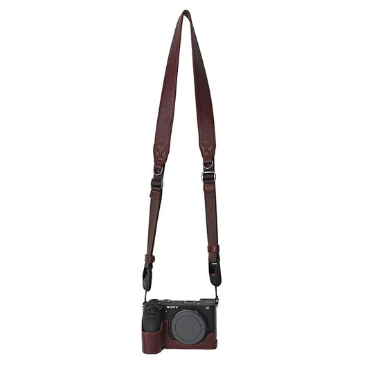 BMAOLLONGB A6700 Case, Handmade Litchi Genuine Real Leather Half Camera Case Bag Cover for Sony Alpha A6700 Bottom Opening Version + Neck Strap