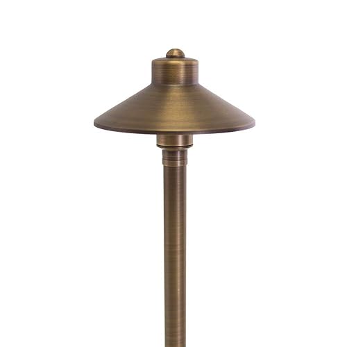 VOLT Flat Hat 12V Brass Path Light (7" Shade, 24" Tall) with 3W 2700K Warm White G4 LED Bulb for Low Voltage Landscape Lighting on Outdoor Pathway