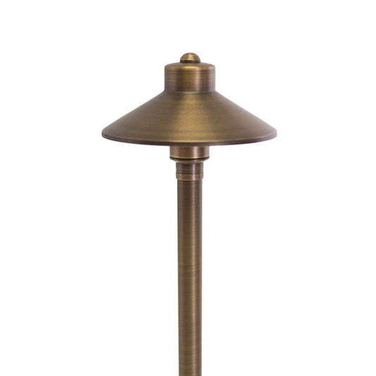 VOLT Flat Hat 12V Brass Path Light (7" Shade, 24" Tall) with 3W 2700K Warm White G4 LED Bulb for Low Voltage Landscape Lighting on Outdoor Pathway