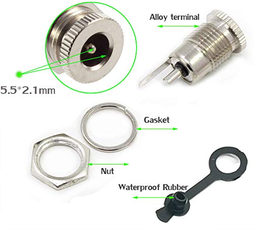 qofowin 5.5 x 2.1 MM 10A DC Power Jack Cord Socket Threaded Female Mount Connector Adapter with Waterproof Cover Cap