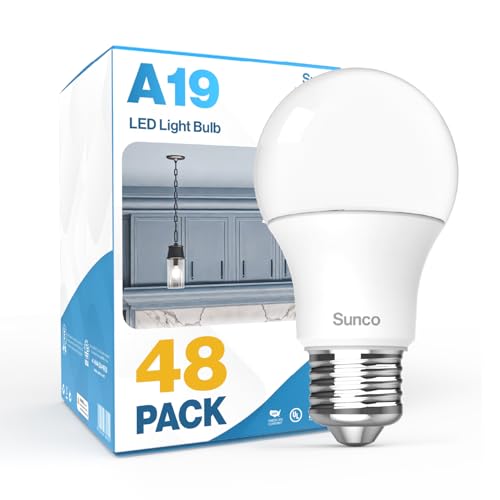 Sunco 48 Pack A19 LED Light Bulb, E26, 8W=60W, 4000K, Non-Dimmable