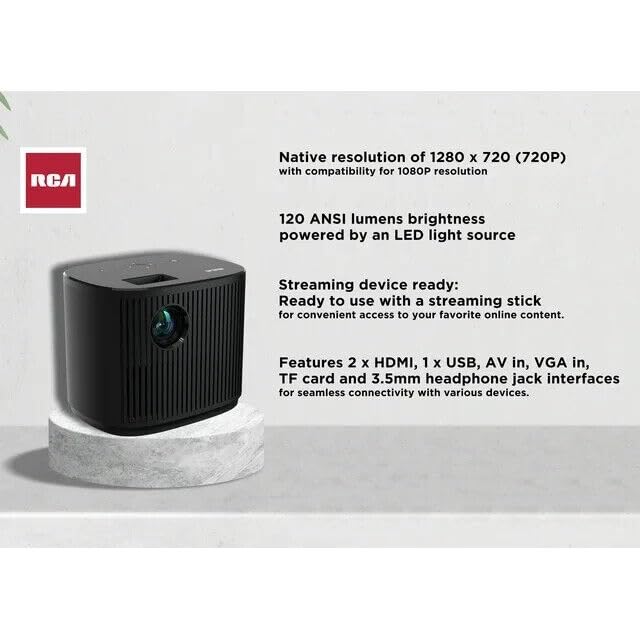 RCA 720P Home Theater Projector, 1280 x 720 (720P), 4" LCD technology, 120 ANSI lumens, 32" to 140" (diagonal), 2 x HDMI - RPJ181-BLACK