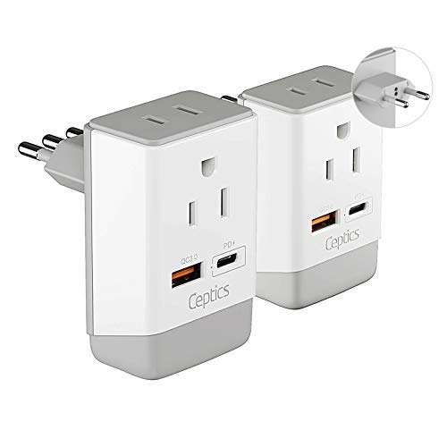 Ceptics Italy, Chile Travel 2 Pack Plug Adapter QC 3.0 & PD, Safe Dual USB & USB-C - 2 USA Socket Compact & Powerful - Use in Rome, Milan, Greece…