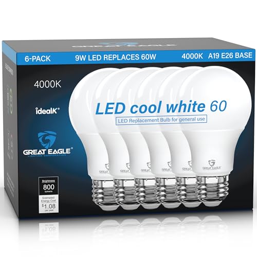 Great Eagle Lighting LED Light Bulbs 60 Watt Equivalent, Cool White 4000K, E26 A19 Light Bulb, 800 Lumens, Non-Dimmable, 120V Energy Saving Bulbs
