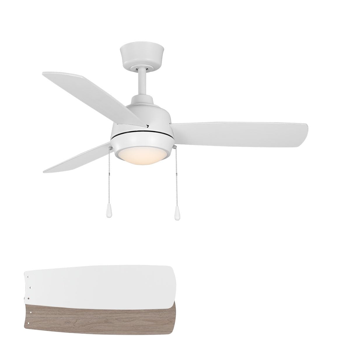 Wynwood 44-inch Connie Indoor Ceiling Fans with Lights, Pull Chain, Matte White, 3-Blade, Frosted White Shade [W58356]