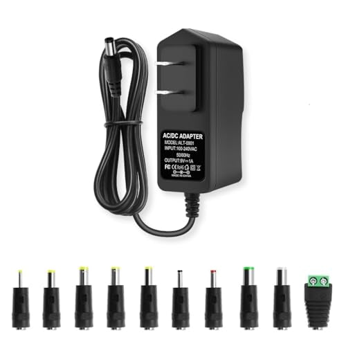 9V DC Power Supply 1A AC Adapter, 100-240V 50/60Hz to 9 Volts 1Amp Transformer, DC 9V Power Cord,【Tip Positive, 5.5mm x 2.5mm Plug】 & 10 Tips