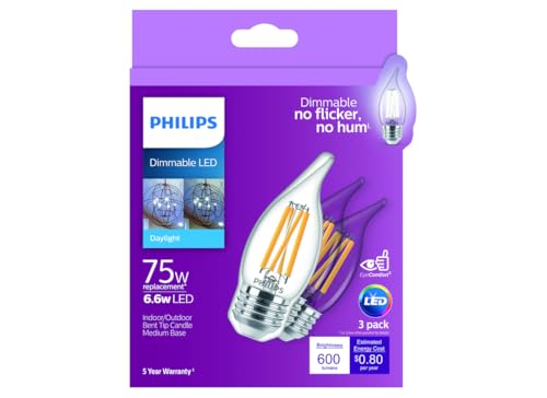 Phillips' PHILIPS 75W BA11 Dimmable Edison Glass LED Candle Light Bulb Bent Tip Medium Base Daylight (5000K) (3-Pack)