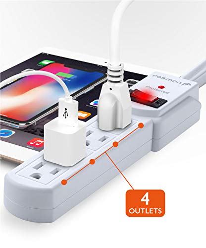 Fosmon 4 Outlet Small Surge Protector Power Strip - 3Ft Short Power Strip with Short Extension Cord & Flat Plug, 1875W, 490 Joules 4 Multi Plug Wall