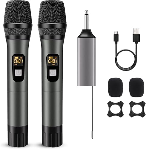 voijump Wireless Microphone, Handheld UHF Dual Metal Cordless Dynamic Mic System with Rechargeable Receiver,200ft Range,for Karaoke, Speech, Party