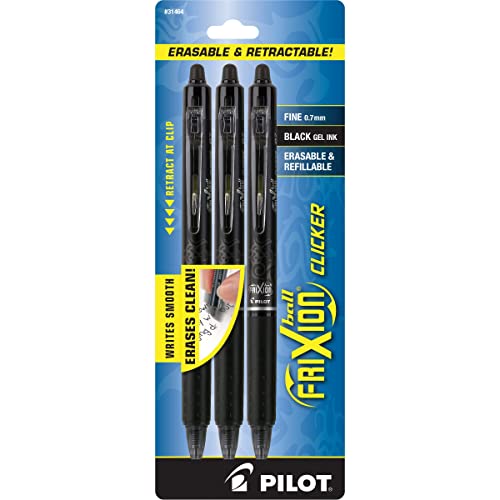 PILOT FriXion Clicker Erasable Pens, Refillable & Retractable Gel Ink Pens, Fine Point 0.7 mm, Black Ink, 3-Pack - Ideal for School, Journaling