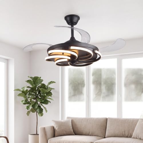 inrichifeir 42" Retractable Ceiling Fan with Lights Modern Fandelier Fan Light with Remote Bladeless Fan Ceiling Light for Bedroom Living Room 6 Speed