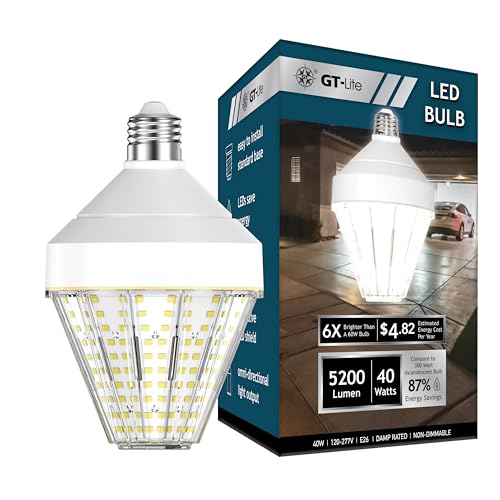 GT-Lite 5200 Lumen LED Corn Cob Light Bulb, 40-watt, 300-watt Equivalent, Daylight 5000K Light Color, E26 Base, Garage Light Bulb, Energy Saving LED
