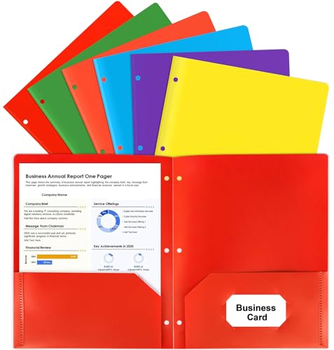 6 Pack Colored Folders with Pockets 3 Hole Punched, Plastic, Binder Folders