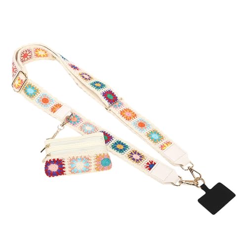 AchNau Clip and Go Phone Strap with Zipper Pouch,Crossbody Adjustable Chain Lanyard with Wallet Jacquard for All Phones (White)