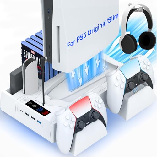 PS5/Slim Cooling Station for PS5 Disc&Digital, PS5 Cooling Stand with Dual Controller Charging for PlayStation 5 Console, Multi-Function PlayStation 5