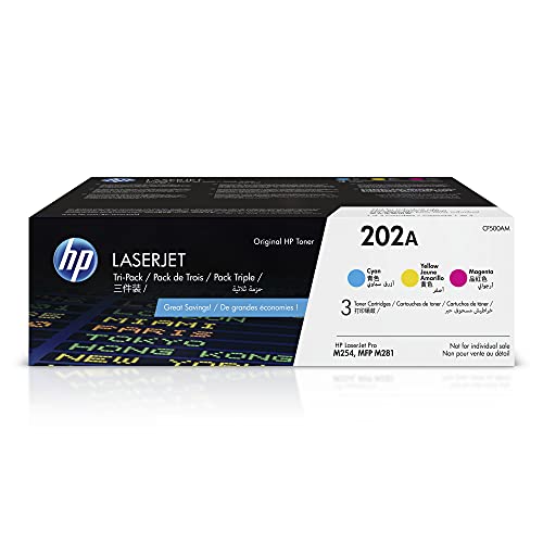 HP 202A Cyan, Magenta, Yellow Toner Cartridges Printers (3-Pack) | Works with Color LaserJet Pro M254, Color LaserJet Pro MFP M281 Series | CF500AM