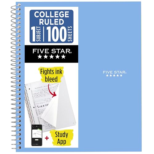 Five Star Spiral Notebook + Study App, 1 Subject, College Ruled Paper, 8.5" x 11", 100 Sheets, Blue (Color May Vary) (72565)