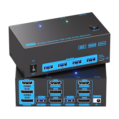 KVM Switch 3 Monitors 2 Computers, Reyoten 8K60Hz KVM Switches,3 Monitors 2 Computers HDMI DP Switch, 4K144Hz Switch for 2 PCs Share Monitor Keyboard