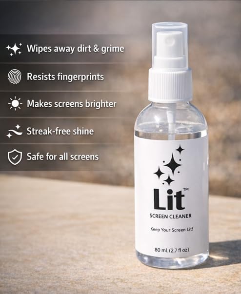 Lit Screen Cleaner Spray Kit (80 mL) + Microfiber Cloth - for Phone, iPad, Tablet, Laptop, Monitor, TV, Camera Lenses & Eyeglasses - Streak-Free