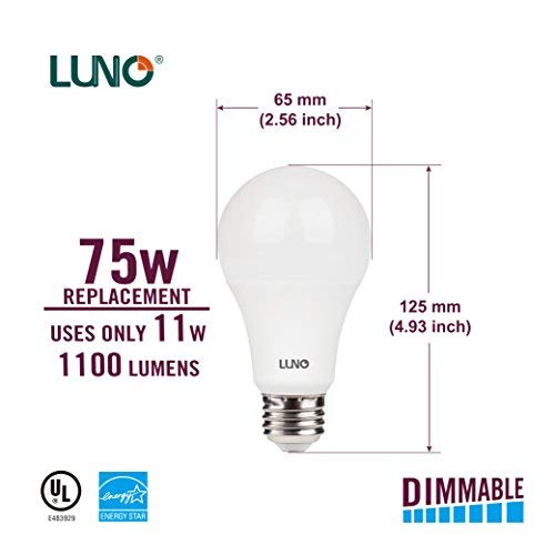 LUNO A19 Dimmable LED Bulb, 11W (75W Equivalent), 1100 Lumens, 5000K (Daylight), Medium Base (E26),UL & Energy Star (4-Pack)