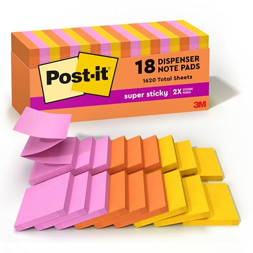 Post-it Super Sticky Dispenser Notes, 3 x 3 in, Neon Fizz, 18 Pads
