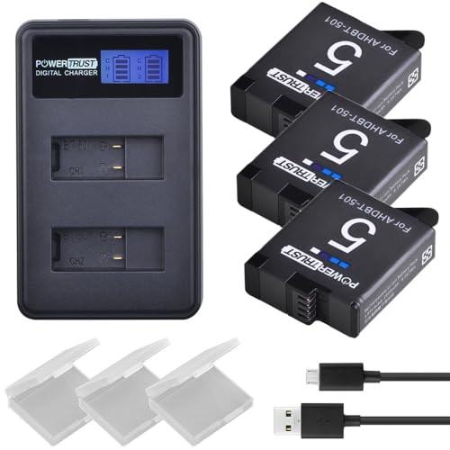 PowerTrust 3X AHDBT-501 Battery for GoPro Hero 5/6/7/8 HERO5 Black,Hero 6,HERO6 Black,Hero 5,HERO7 Black,Hero 2018 + LCD Dual USB Charger with USB