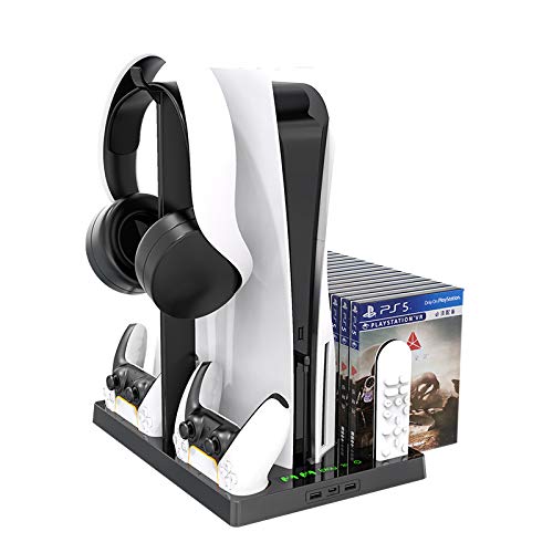 GAMFAMI Multi-Function Charging Stand with Cooling Fan for PS5 Disc/Digital Edition/PS5 Controller, Vertical Charger Cooling Storage Stand