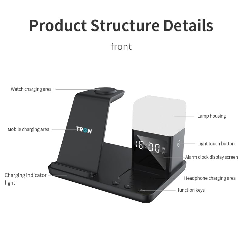 Tron Multifunction, 6 in 1- Wireless Charger Fast Charging for iPhone, Apple Watch & Airpods with Lamp & Clock TR20 Model