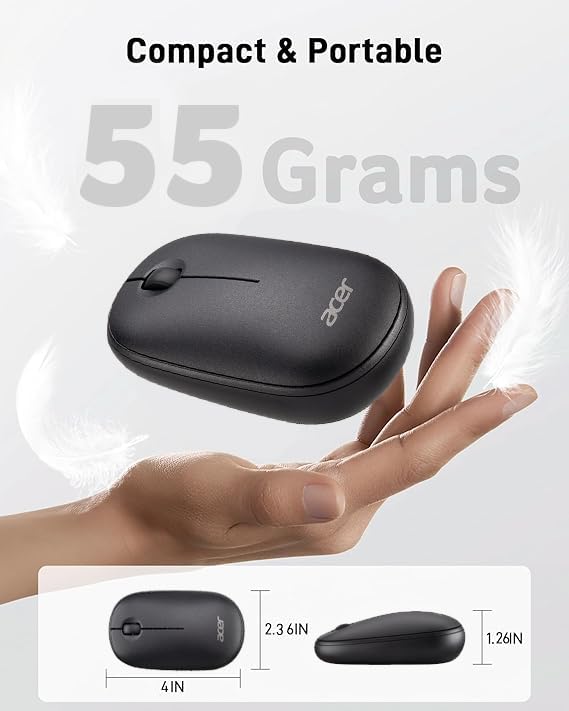 Acer Computer Mouse Wireless, 2.4G Slim USB Wireless Mice with USB-A Receiver, 1600 DPI Optical, Laptop Mouse with Plug and Play for Right/Left Handed